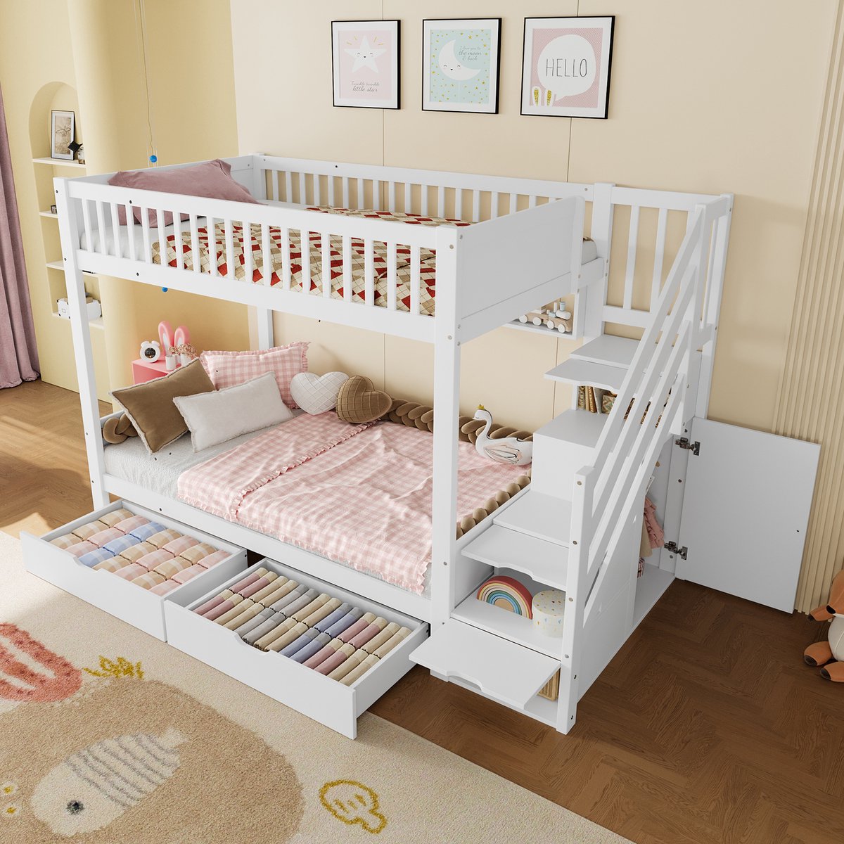Merax Stapelbed - babybedje met lades - met planken - kledingkast - opbergvak - 90x200 cm - wit - zonder matras