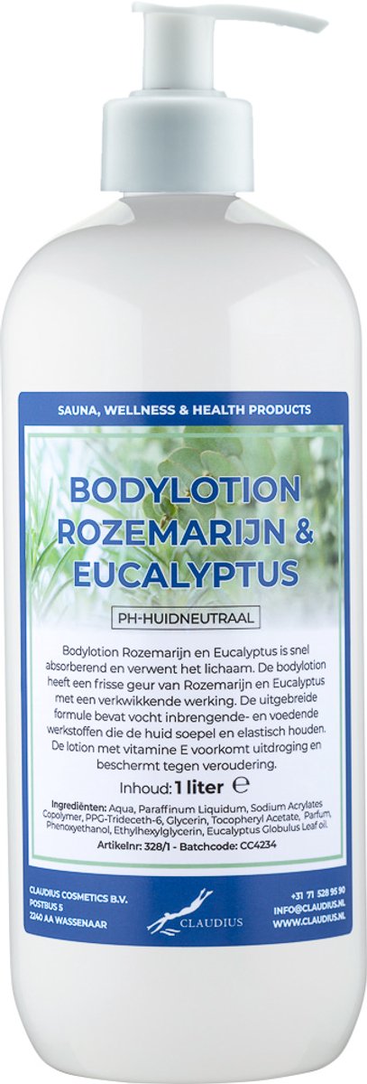 Bodylotion Rozemarijn & Eucalyptus 1 Liter met witte pomp - stijlvolle en duurzame uitstraling