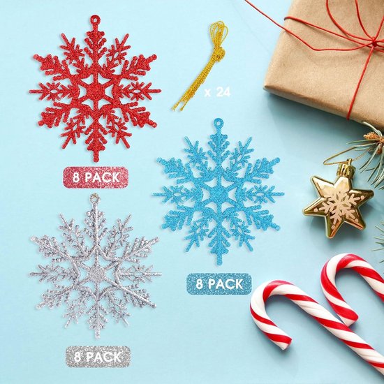 Naler 24 x sneeuwvlokken kerstdecoratie voor kerstboom glitter kerstboomversiering, champagne