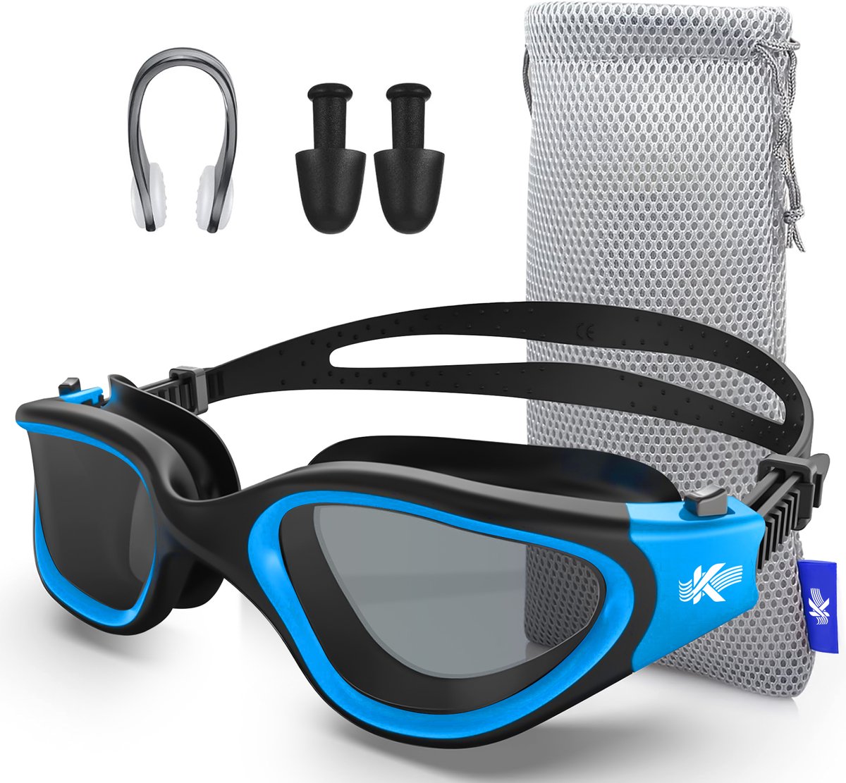 Kyrox Gepolariseerde Zwembril - Anti Condens - UV Bescherming - Inclusief Oordoppen en Neusklem - Duikbril - Verstelbare Band - Unisex - Zwembril volwassenen & kinderen - Blauw (Smoke Lens)
