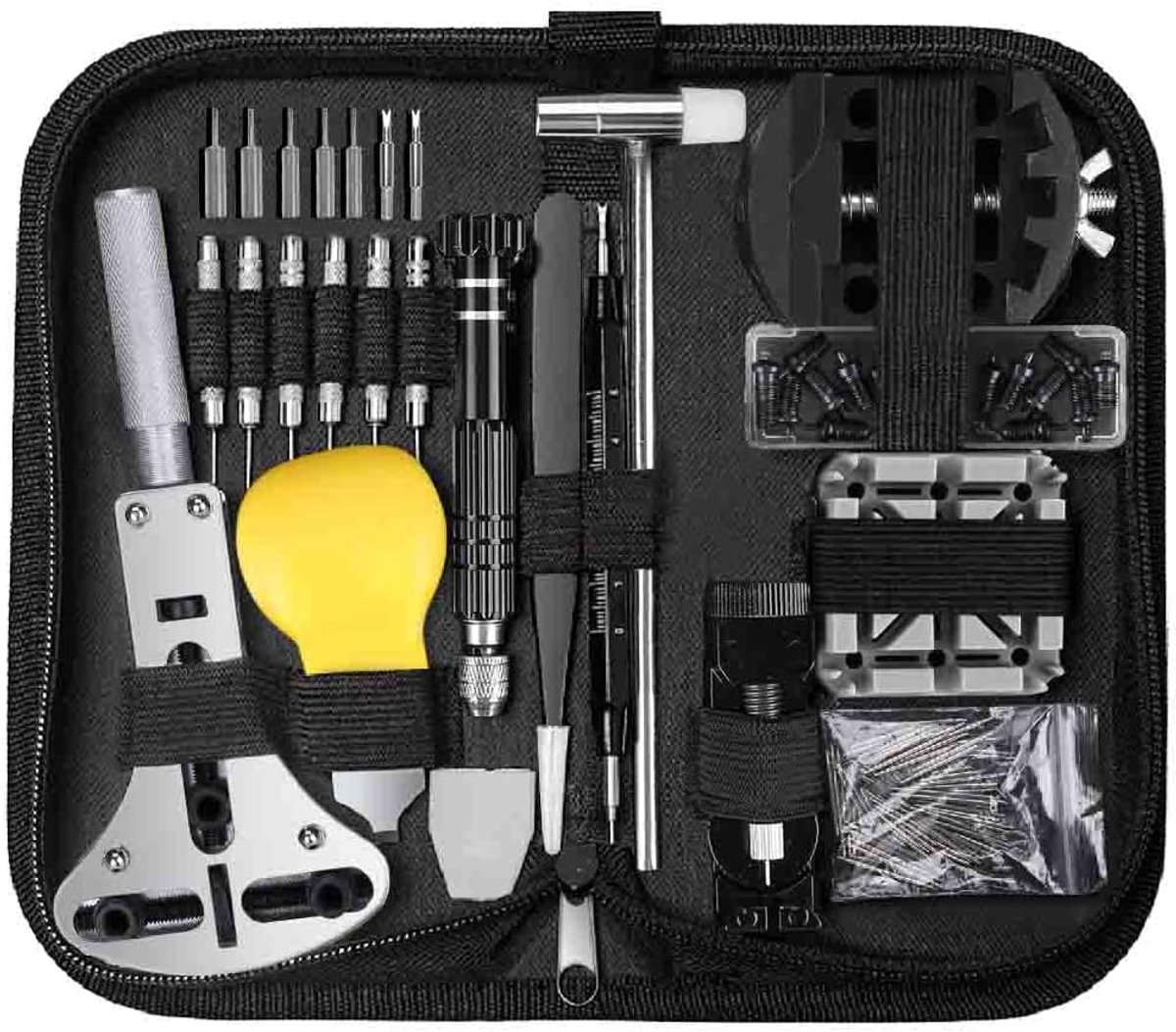Horlogemakergereedschapset - 153 stuks, professioneel uurwerkgereedschap, grote verstelbare kastopener, penverwijderaar, schroevendraaier, armband, batterijwissel, horlogegereedschapset voor de meeste horloges
