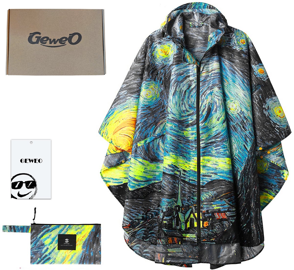 Geweo Regenponcho Volwassenen - Waterdichte Fietsponcho Unisex - Ajusteerbare Capuchon & Snap-buttons - One Size Herbruikbaar - Fietsen & Outdoor-Sterrenhemel Print