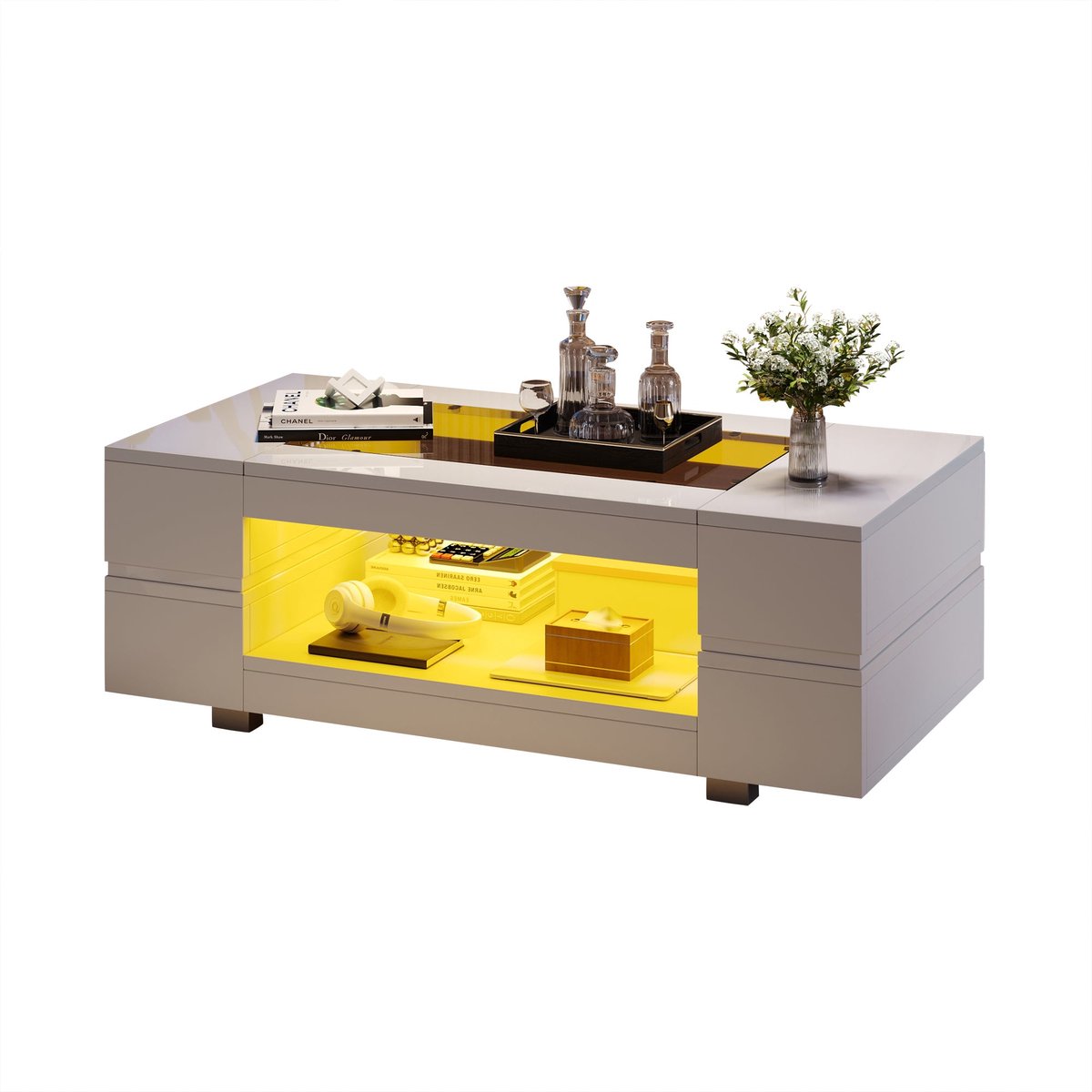 Merax Witte LED Salontafel – Hoogglans Koffietafel met Glasplaat – Bluetooth App-bediening & RGB Verlichting – Moderne Tafel met Opbergruimte