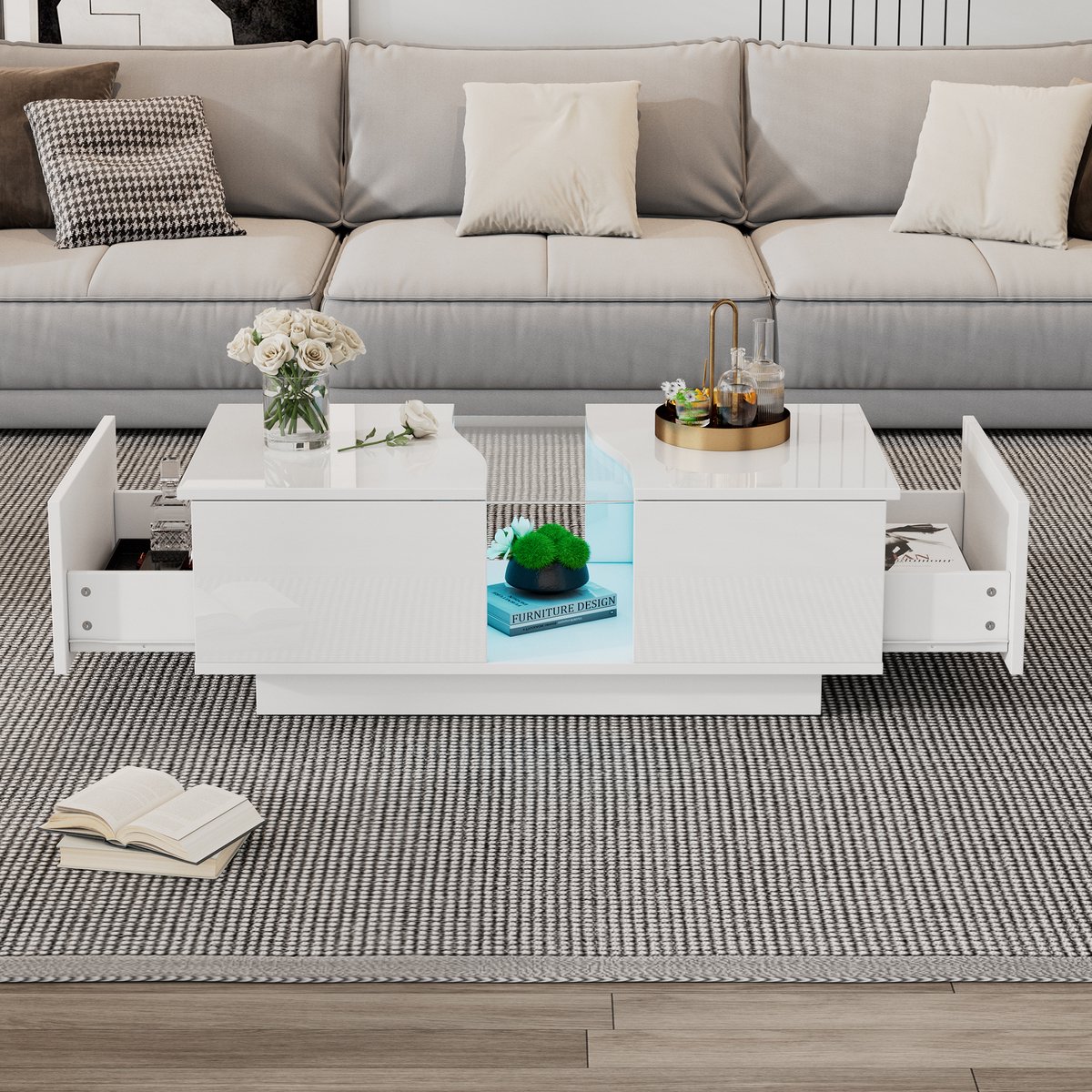 Moderne salontafel met 2 lades - 100 x 50 x 35 cm - witte hoogglans bijzettafel met LED-verlichting en acryl blad