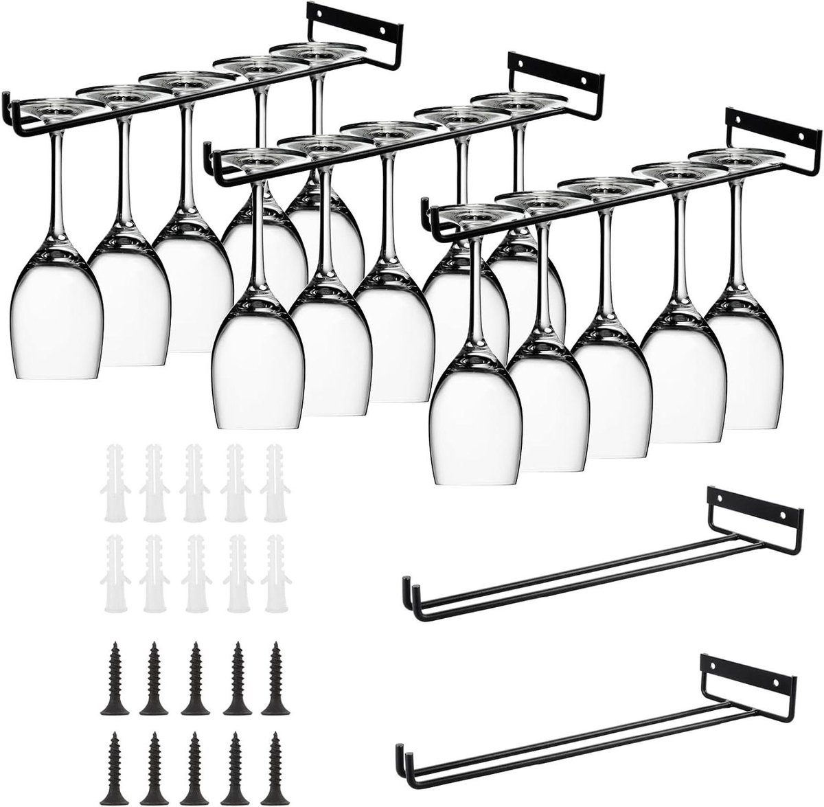 Allecto Plus - Hangende glazen houder voor opslag van glas - Set van 5 stuks - Zwart - 30 cm - Metalen voet - Ideaal voor kastbar - Glazenhanger met hangende voet - Stijlvolle glashouder.