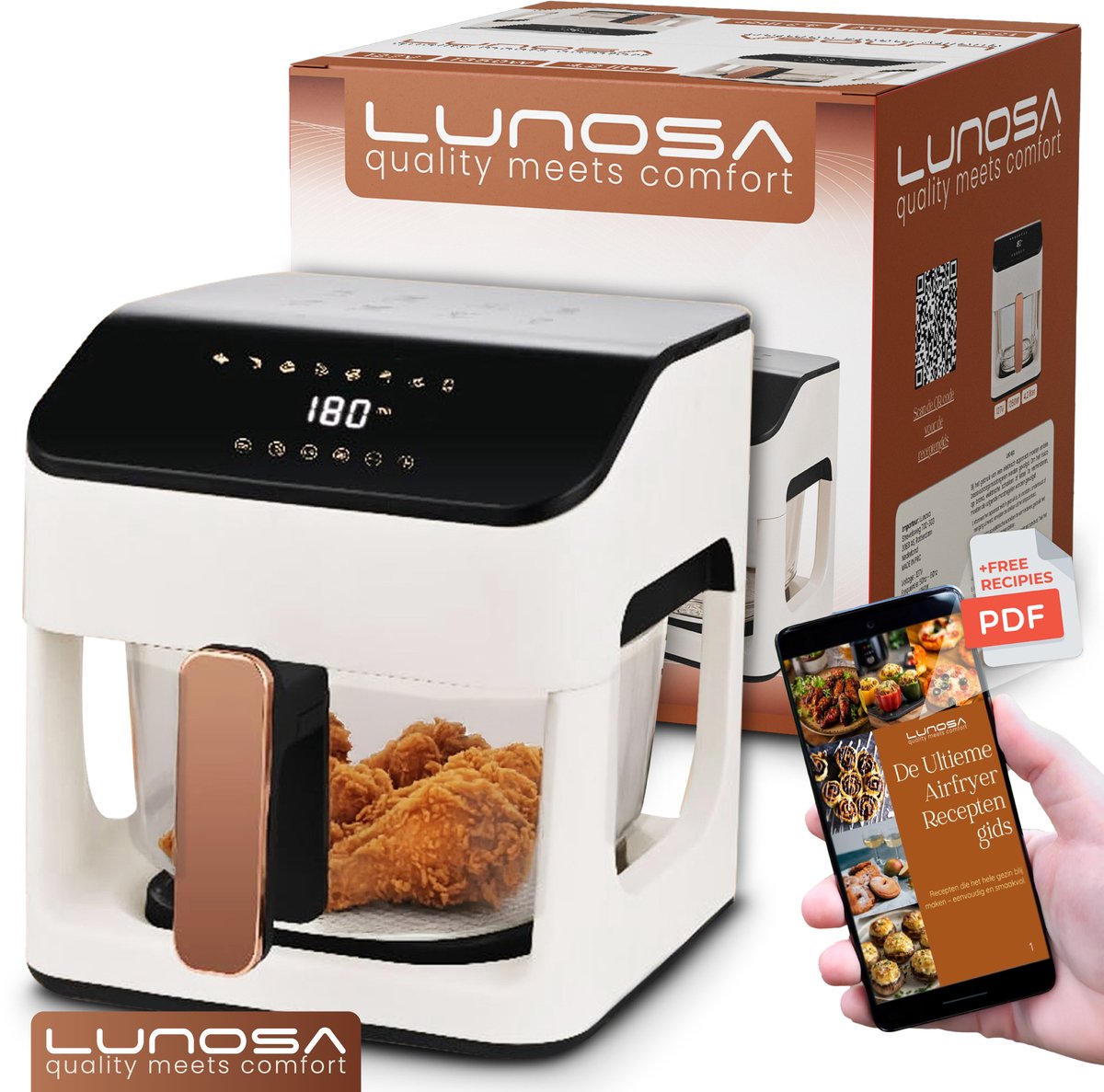 Lunosa Airfryer glas wit - heteluchtfriteuse - airfryer kookboek - air fryer - heteluchtoven - PFAS VRIJ - inclusief receptenboek