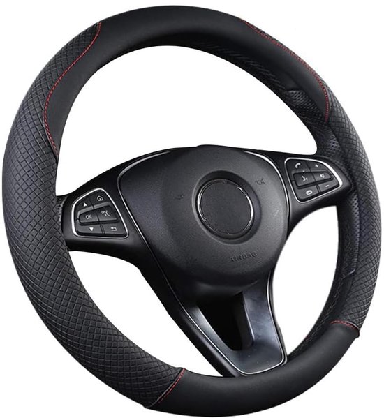 Housse de volant de voiture - Cuir microfibre de Premium - Universelle 38 cm (15") - Antidérapante et Comfort - Avec bac à graisse - Zwart/ Rouge