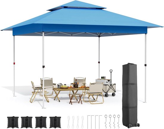 tillvex Paviljoen, 3 x 3 m, waterdicht, pop-upvouwtent, in hoogte verstelbaar, tuintent, uv-bescherming 50 , partytent met tas (blauw, met 4 zijpanelen