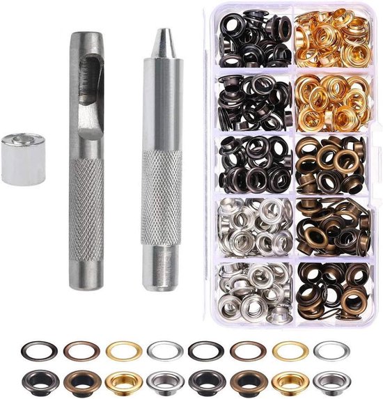 Kurtzy Oog Gaten Tang Kit met 100 Oogjes - 20,5 cm Lederen Riem Tang - 8,5 mm Gouden Metalen Ringen - Gatentang Set voor Stof, Kleding, Schoenen, Tassen en Hobby