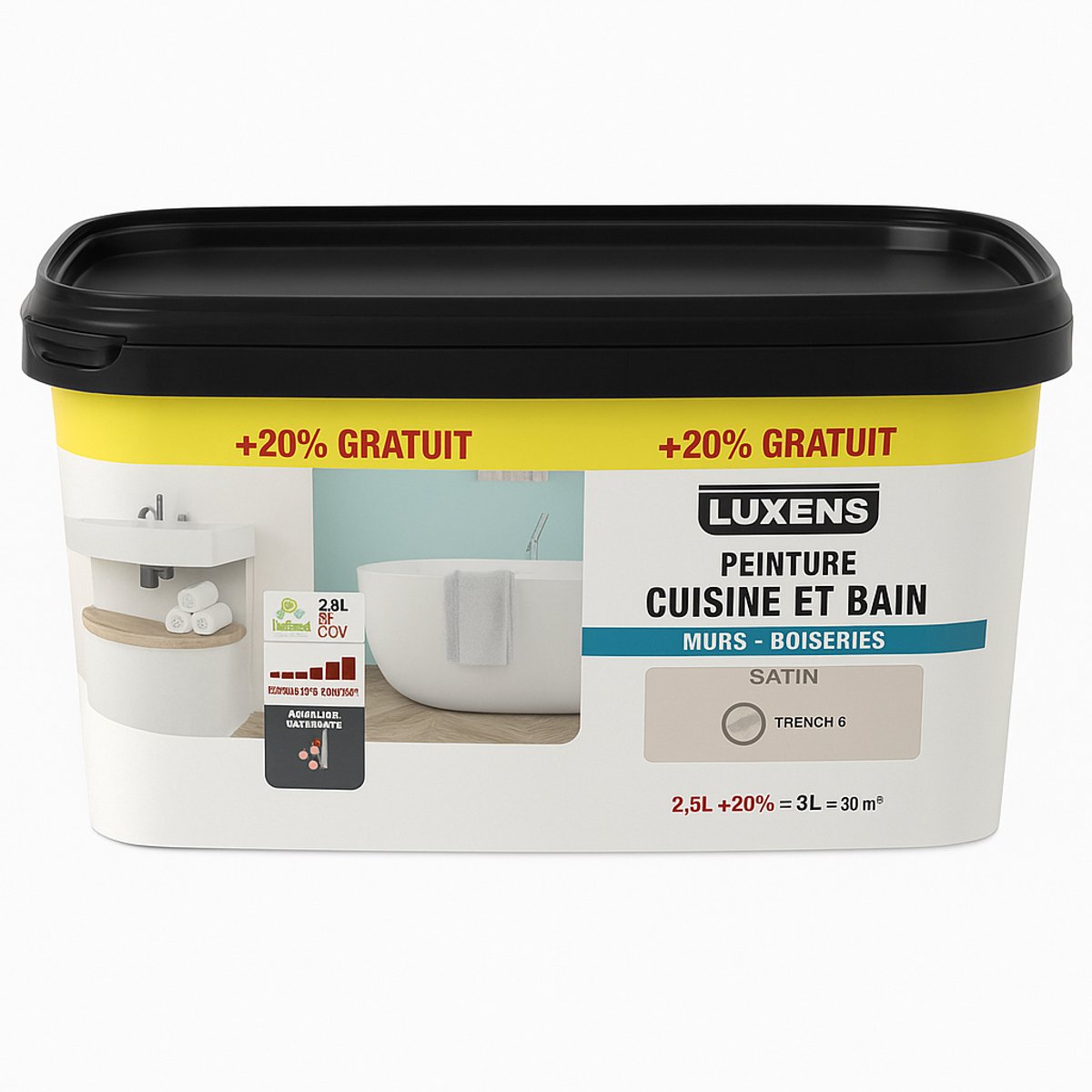 Luxens Muurverf Keuken & Bad – 3L – Trench 6 – Satijn – Waterbasis – ±30 m² – Binnen – Vochtbestendig – +20% Gratis