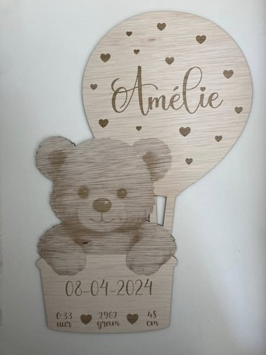 Laser Creative – Houten Luchtballon Geboortebord – Gepersonaliseerd – Naam & Geboortegegevens – Kraamcadeau