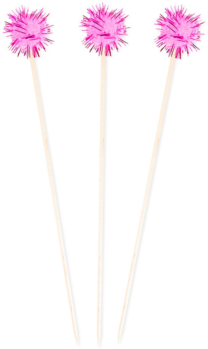 Zakje Geboorte cocktail prikkers | roze pompoms | breedte 2.5 cm | 12 stuks