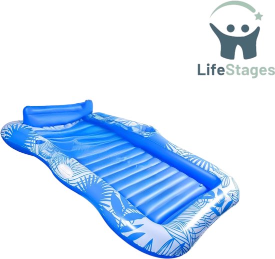 LifeStages - Tanning Bed - Opblaasbaar Luchtbed - Zwembad Double Deluxe Tanning Pool - Grote Waterhangmat voor Volwassenen - Opblaasbaar Zonnebad met Hoofdsteun en Bekerhouder - voor Zomer, Zwembad, Strand - Blauw