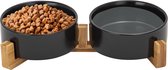 Jake and Jacky Voerbak Kat en Hond Keramiek - Voerbakken Dubbel met Standaard - Drinkbak en Eetbak - 2x 400 mL - Zwart