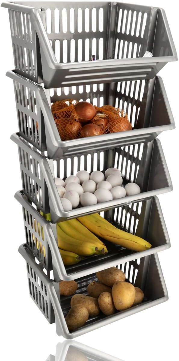 Groentemand 5 Stuks – Fruitmand Keuken – Opbergmand Groente en Fruit – Mandenrek Aardappelen Uien – Keukenrek met Manden – Aanrecht Organizer – Fruitrek Voorraadkast