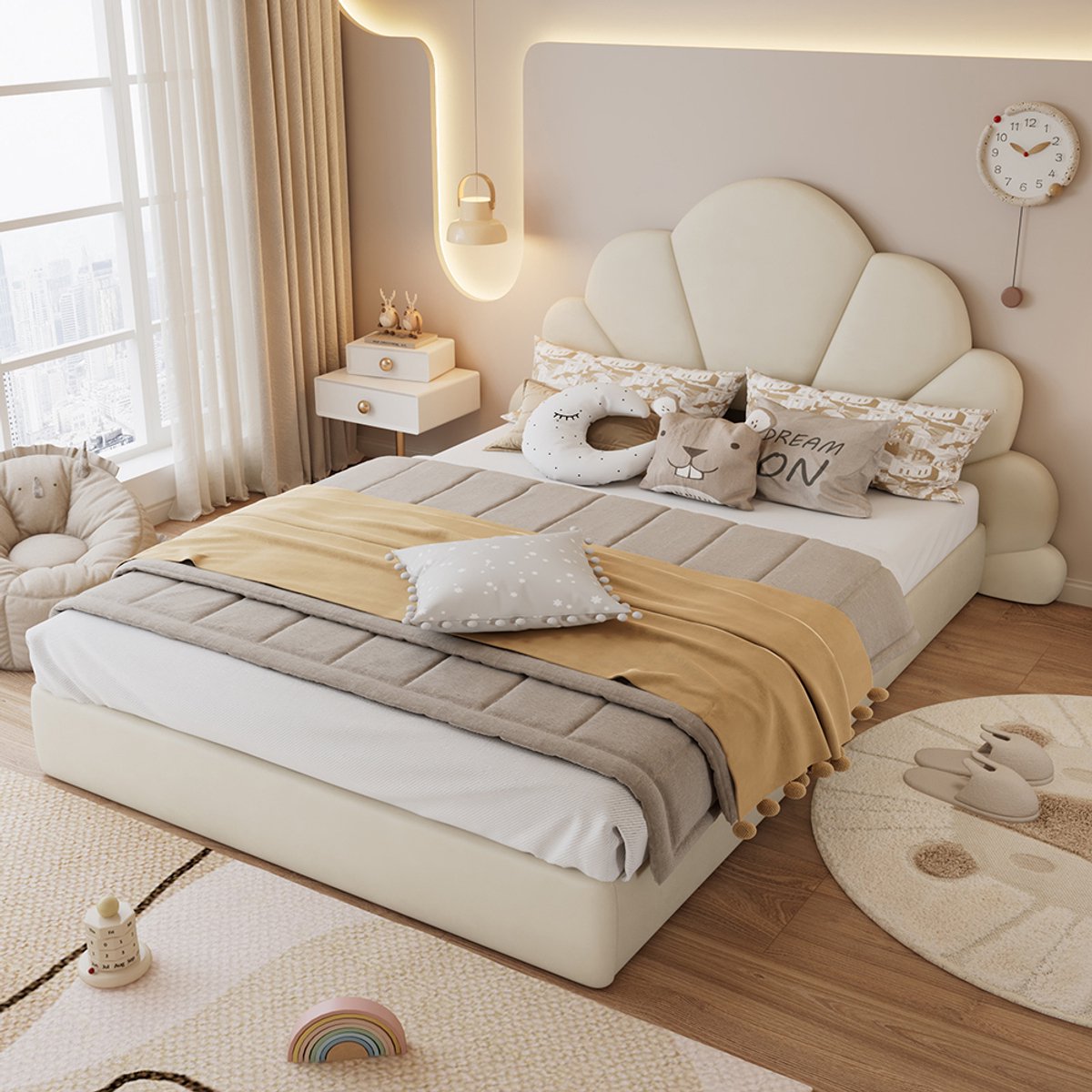 Pugsdrly Gestoffeerd tweepersoonsbed, hoofdeinde met gebogen bloemblaadjes, eenvoudig, elegant en comfortabel, modern bedframe, fluweel, beige, 140 x 200 cm