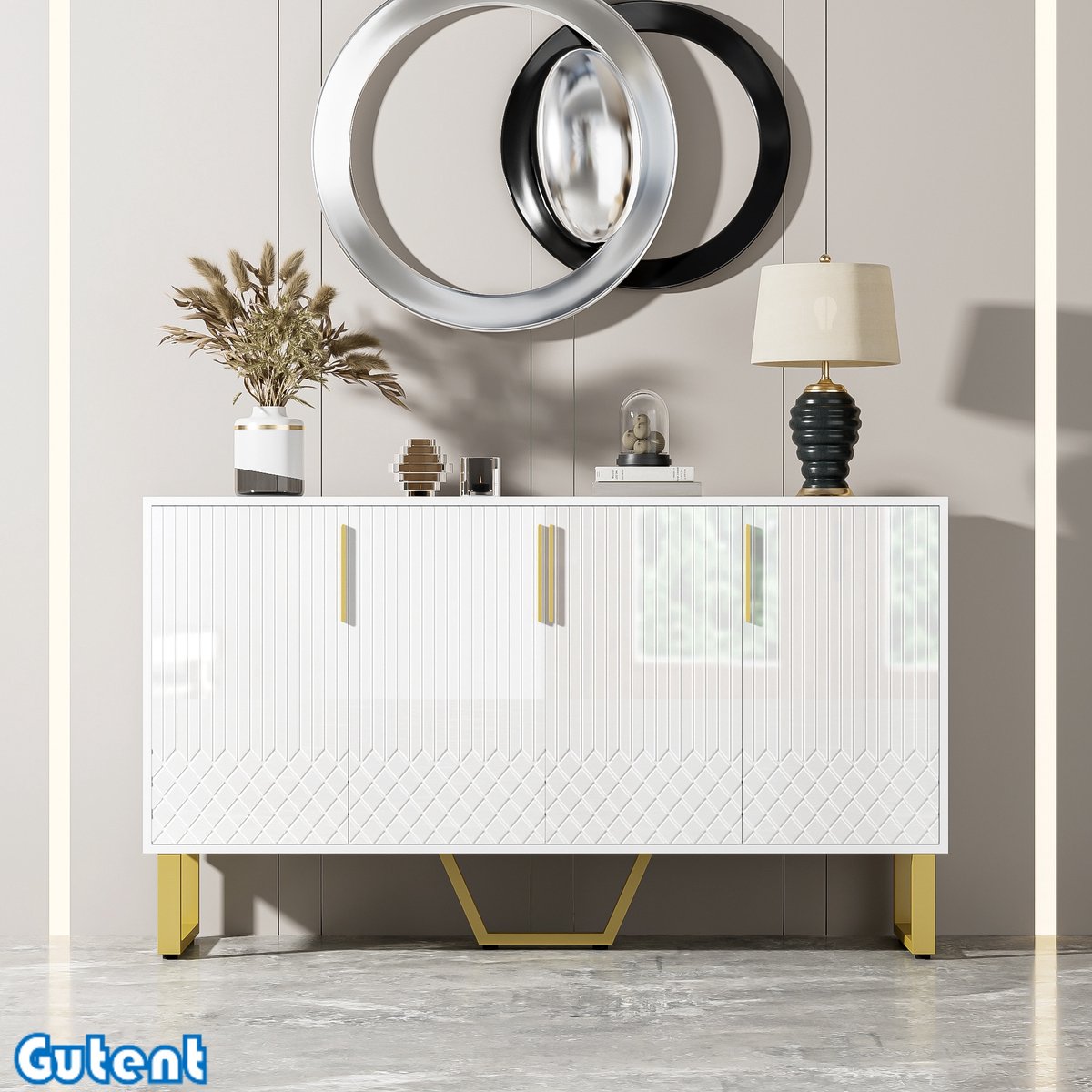 Gutent Dressoir-4 Deuren-Metalen Handgrepen en Poten-Wit-Geometrisch Ontwerp-140 L*40 B*80 H
