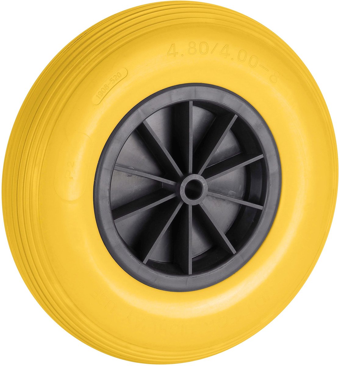 Lekvrij PU wiel 400x100x20mm Gl, naaf 88mm, KS velg zwart, band geel