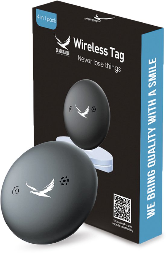 Silver Eagle® Bluetooth Tracker & KeyFinder - Werkt met Apple Find My - Tracker Apple iPhone - 100 dB - Zwart - 4 Pack