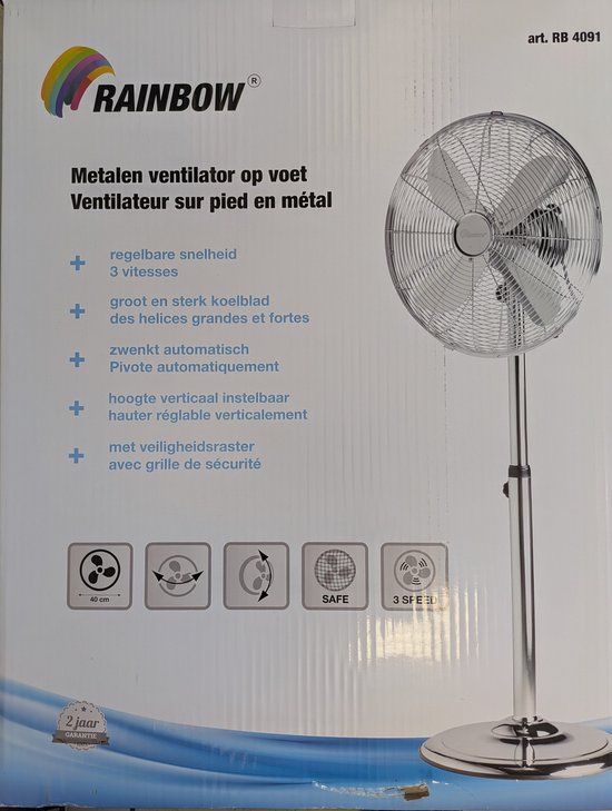 Metalen ventilator op voet 40 cm, 3 snelheden, zwenkend, instelbaar 85-128 cm, veiligheidsraster, 50W
