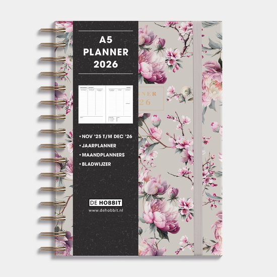Hobbit - A5 Planner 2026 - A5 (21,7 x 15,5cm) - Spiraalgebonden - 1 week over 2 pagina's - Harde Kaft - Kersenbloesem