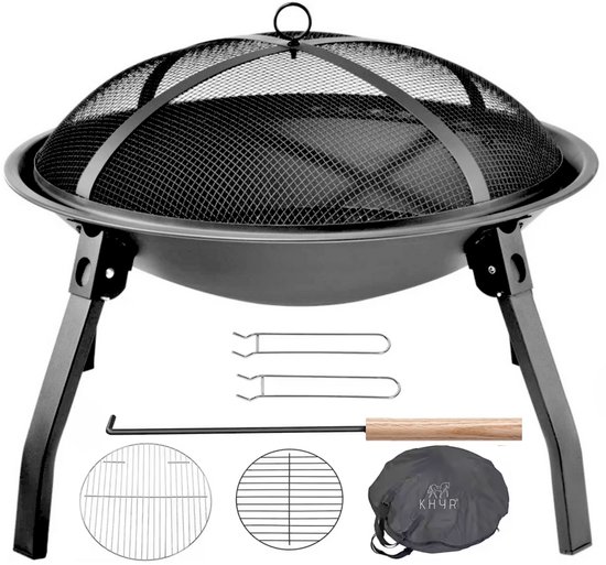 KHYR® Volcano Pit Vuurschaal - NIEUW - Draagbare Inklapbare Outdoor Vuurschaal - Voorgemonteerde Poten - Ø 56 cm - Stalen Brazier Vuurkorf voor Camping, Strand, Picknick & Tuin - Met Vonkenrooster, Grillrooster, Kolenrooster, Pookhaak en Opbergtas