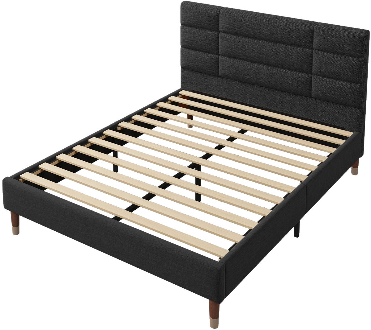 Merax 140x200 cm Polsterbed met Lattenbodem en Matras - Stijlvol Zwart Linnen Bedframe met Hoofdbord - Geschikt voor Volwassenen en Tieners - Met Bonell Matras