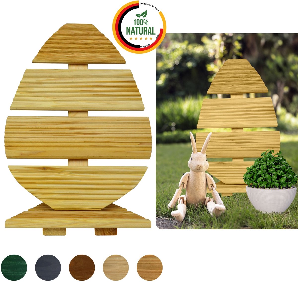 Floranica Paasdecoratie van hout 45 cm hoog natuur voor binnen en buiten - Handgemaakte paasei tuindecoratie