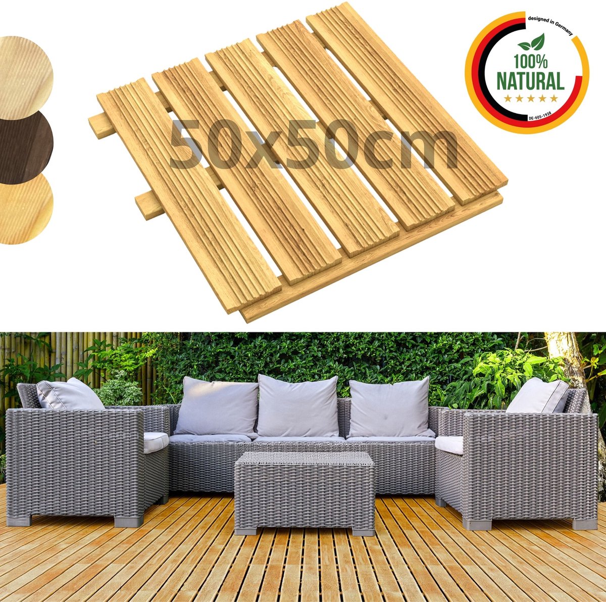 Floranica Houten Tegel Terrastegel Massief Larikshout 50 x 50 cm 1 stuk Natuur Balkontegel Fijn geribbeld Vloerbedekking met drainage Balkonvloer voor buiten