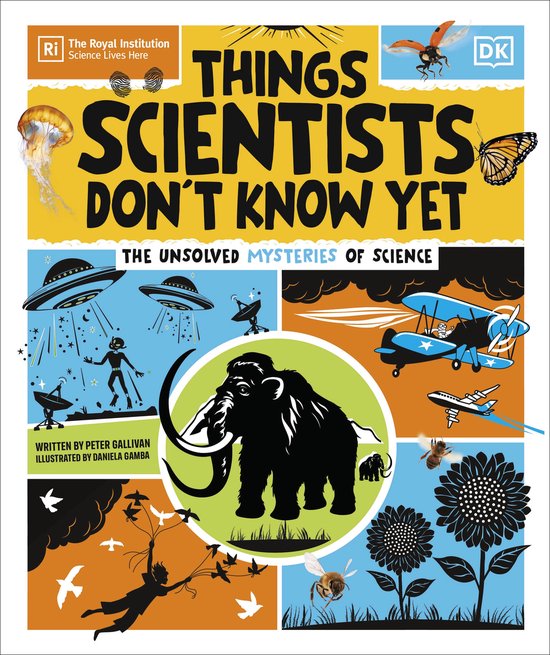 Boek 'Things Scientists Don't Know Yet' met illustraties van een mammoet, vliegende schotels, een vliegtuig en insecten.
