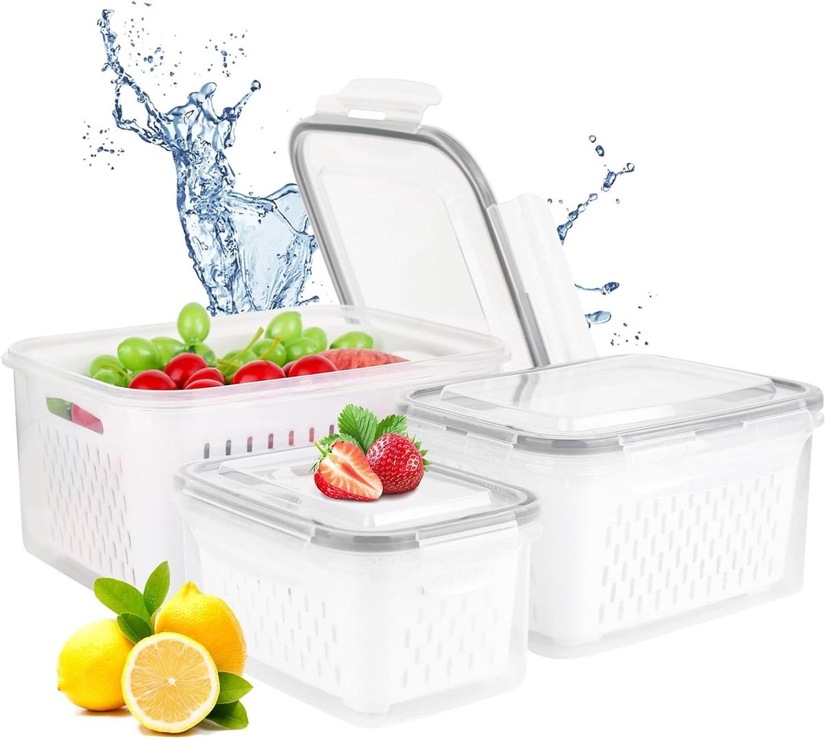 Inovra Plus - Groenteopbergdozen voor koelkast - Vershouddozen voor groenten en fruit - Deksel en afdruipzeef - Koelkastorganizerset - 850 ml + 1750 ml + 3000 ml. Bevordert de versheid en organisatie.