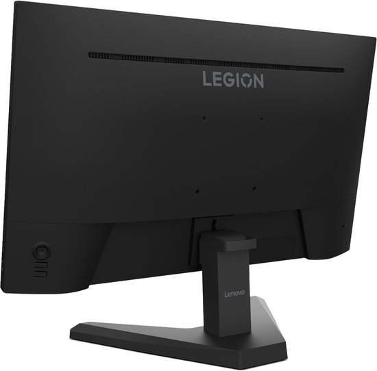 Schuine weergave van de achterkant van een zwarte Lenovo Legion monitor.