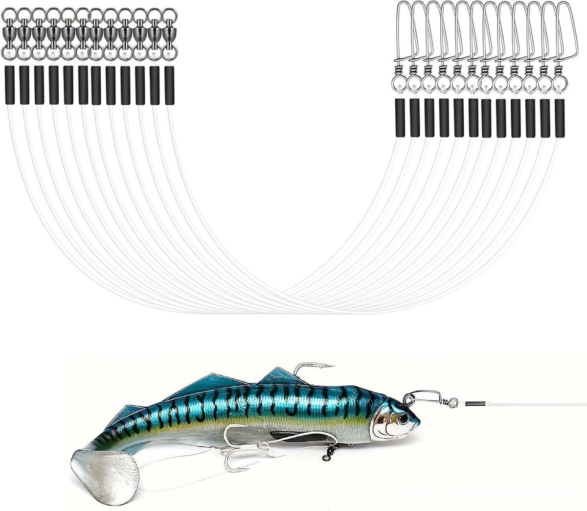 Allecto Plus - 12 stuks fluorocarbon vis leaders set voor zout water en zoet water vissen met swivels en snaps - fluorocarbon leaders voor-tie-leader krimps