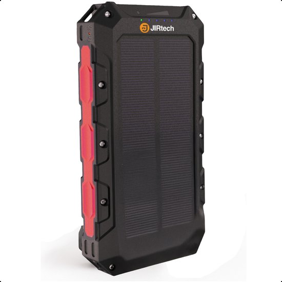 JIR Tech® - Solar Powerbank 30 000 mAh - Ingebouwde kabels - Iphone & Samsung - Solar Charger - Powerbank Zonneenergie - Draadloos opladen - Wireless charger - Snellaadfunctie - Snel Laden - Rood - Usb C - Noodpakket - Zaklamp - Meerdere Apparaten