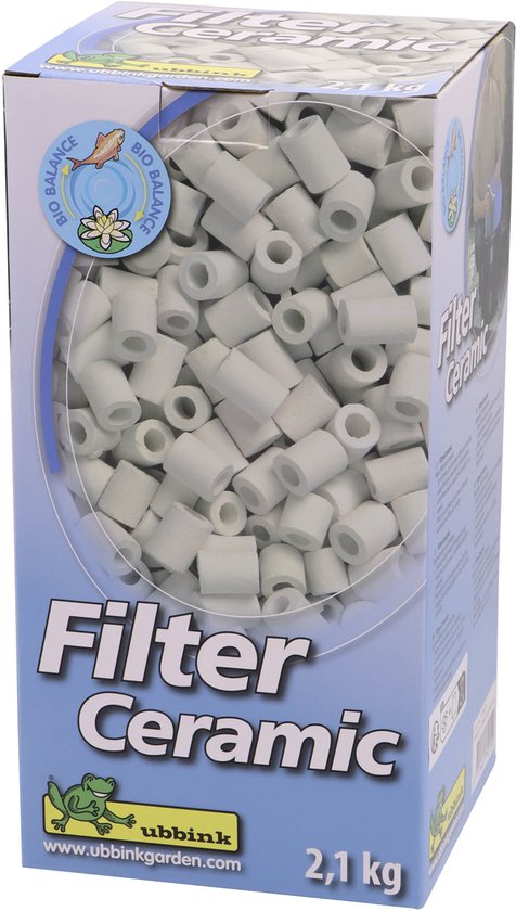 Doos met witte keramische filterbuisjes, 2,1 kg. Tekst: Filter Ceramic.