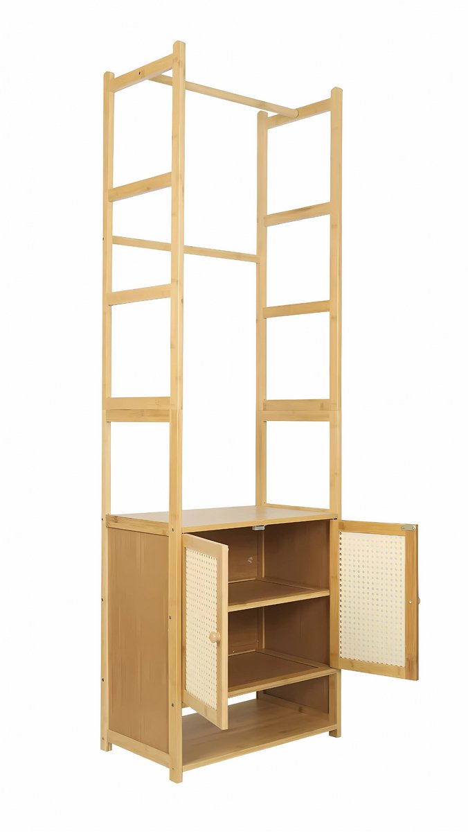 Bamboe Kledingrek met deuren - Opbergplanken - Kledingstang - Slaapkamer - Schoenenkast - Voor zwaren jassen en truien