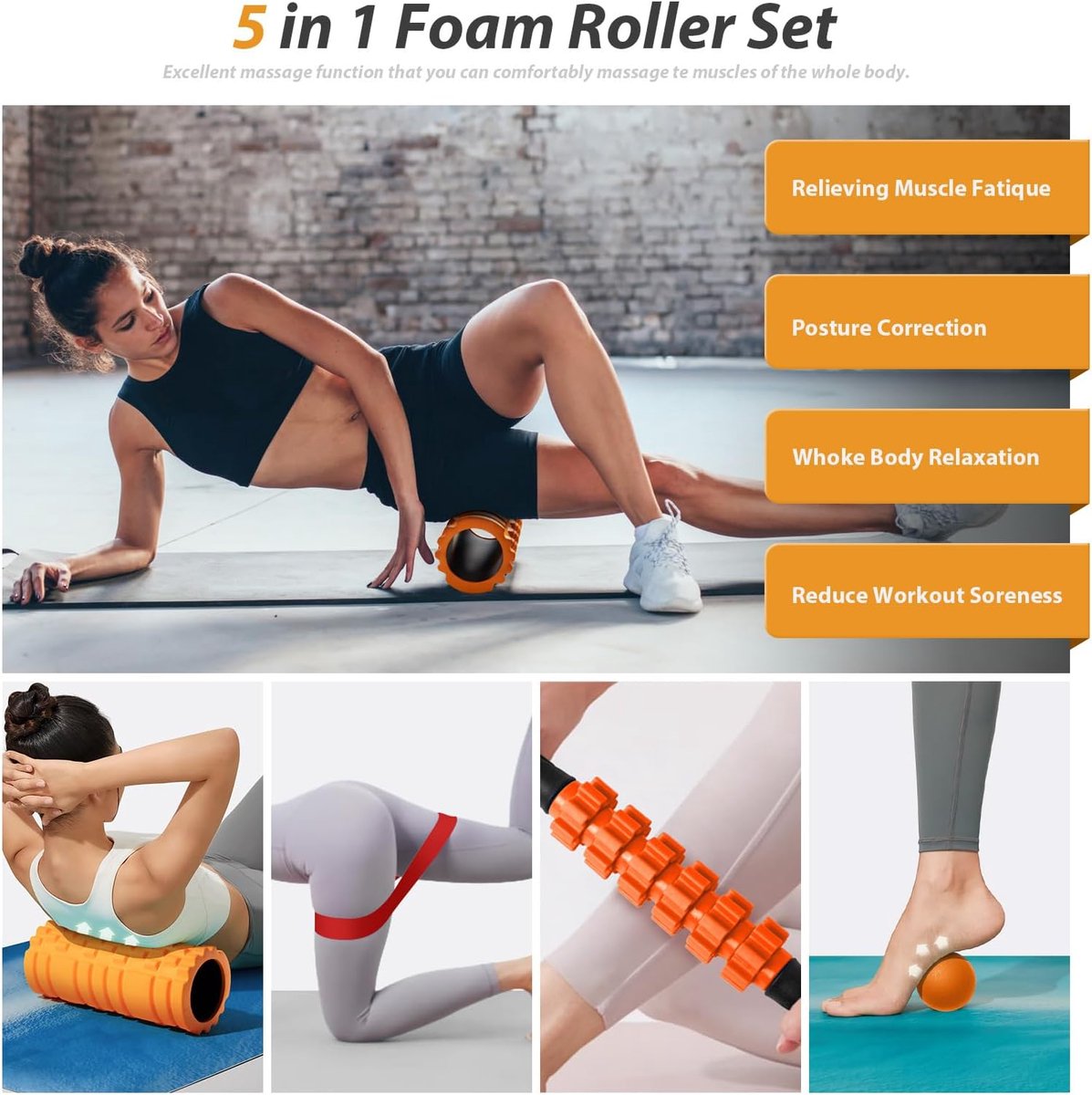 BOTC Foam roller set 4 delig met Weerstandsband - Foamroller Set - 5 Delige - met Massagebal – Massage Roller - Massage Set - Oranje thumbnail 2