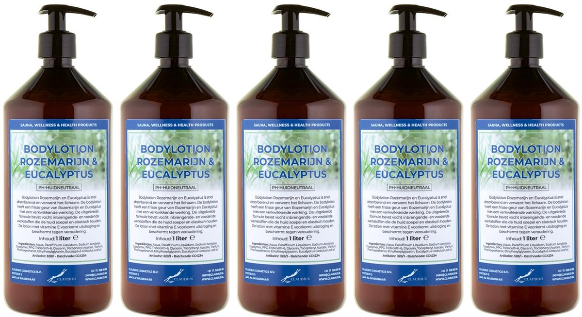 Bodylotion Rozemarijn & Eucalyptus 1 Liter - met gratis pomp - set van 5 stuks - Voordeelverpakking