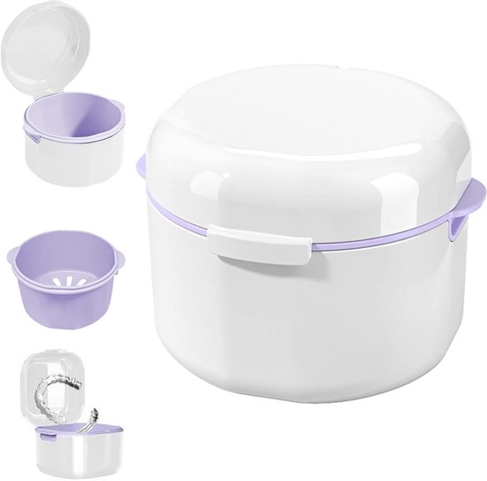 Wit gebitsbakje met paarse grepen, getoond met open deksel, paarse binnenbak en een kleine container met een gebitsbeugel.