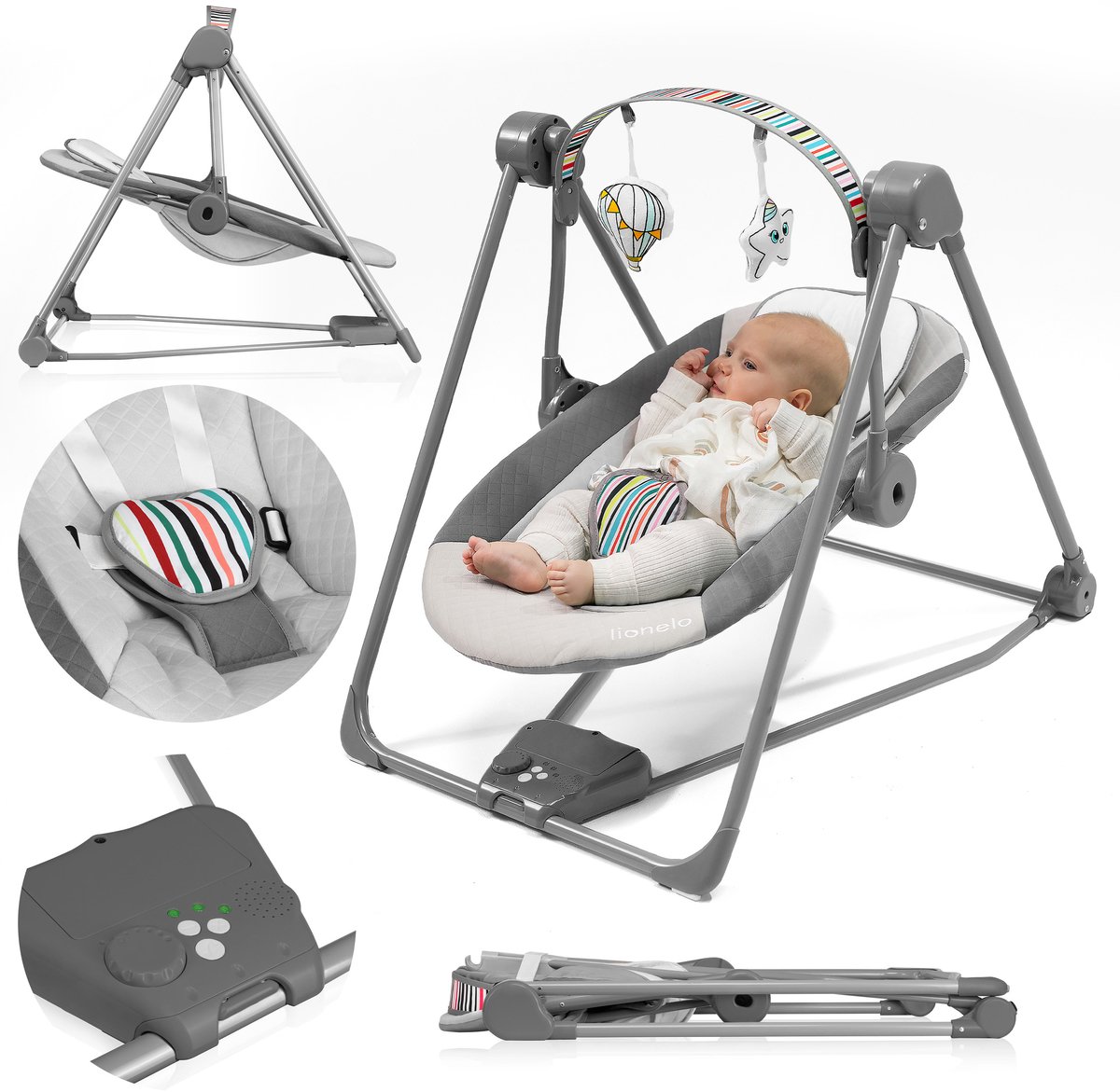 Goedkoopste Lionelo Otto Wipstoel – Tot 9 kg – 5 Schommelsnelheden – Timer – Speelboog – Geluiden – Batterij/Netvoeding – Inklapbaar – Zachte Bekleding – 5-Puntsgordel – Hoofdkussen – Antislip – Contrasterende Details – Intertek Gecertificee