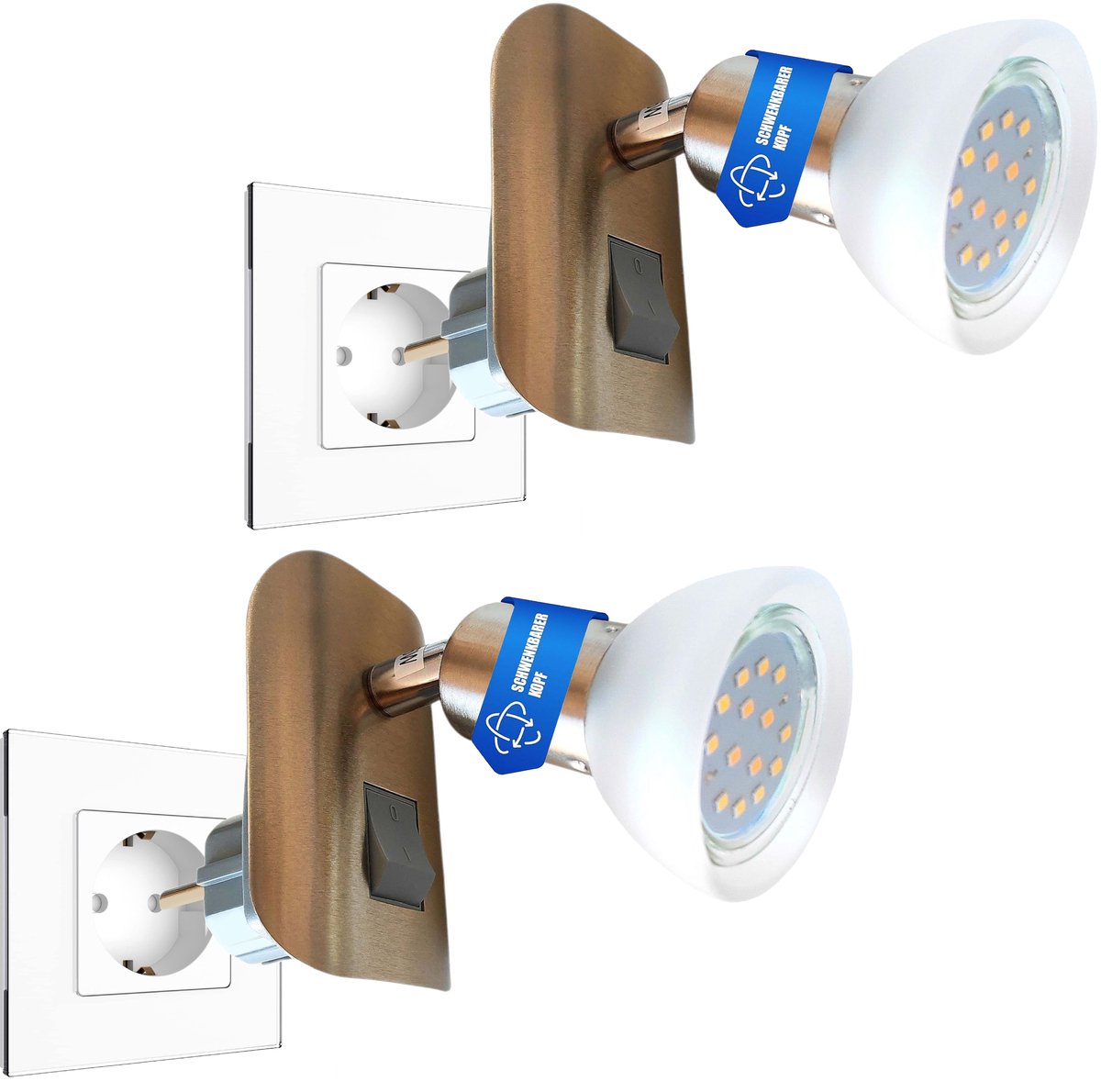 Trango Set van 2 led-stekkers 11-242 *CALI* in nikkelmat met glazen kap Stekkerlamp incl. 1x GU10 LED-lamp 3000K warm wit & tuimelschakelaar leeslamp, keukenlamp, fittinglamp, wandlamp