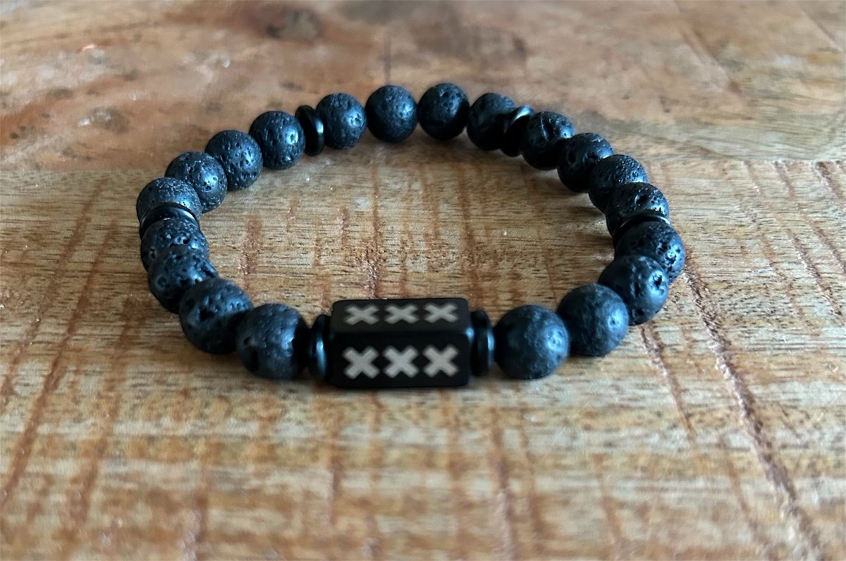 Handgemaakte Heren Armband met Lava Kralen en RVS Tussenstuk - Zwart - Op maat gemaakt - Amsterdam - XXX - Mokum - 020 - Kralen armband voor heren en dames - Natuursteen