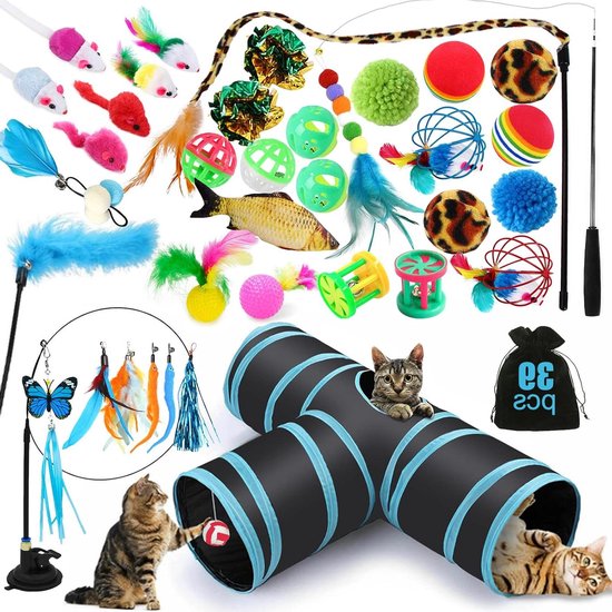 Cat Interactive Wand Toy Set - 39pcs Including Cat Tunnels, Balls, Feather Toys, Plush Toys, and Toy Mice for Indoor Cats and Kittens