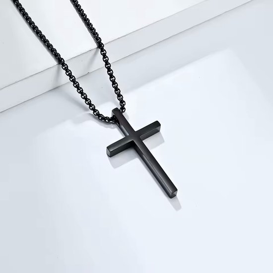 Fler® | Mannen Ketting | Mens Necklace | Black Color Necklace | Heren halsketting | Kruis halsketting | Mannen Sieraden | Ketting | Kruis | Zwarte Ketting | 60cm