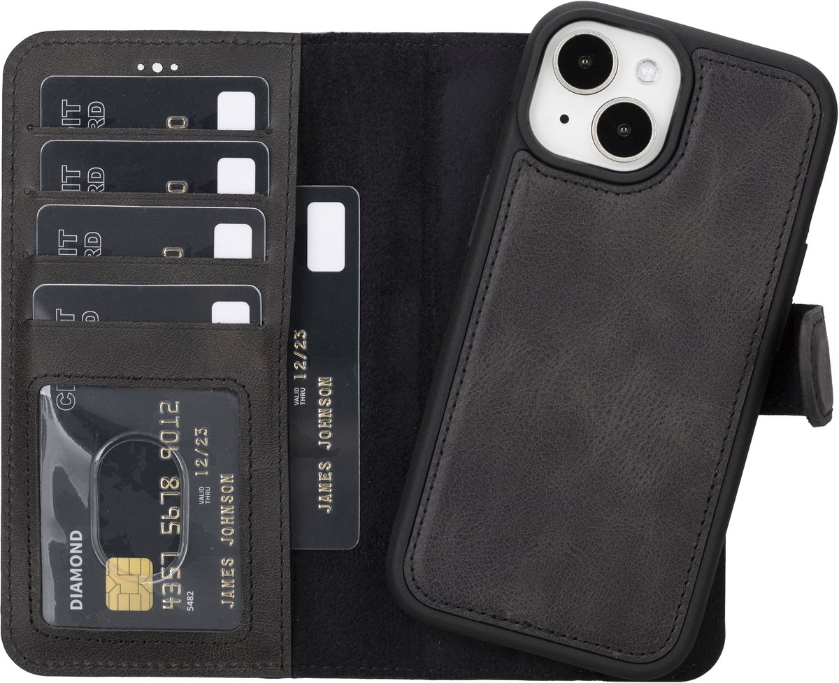 Lykke iPhone 15 Plus Hoesje – Echt Leren Wallet Case met MagSafe – Uitneembare Backcover – Zwart