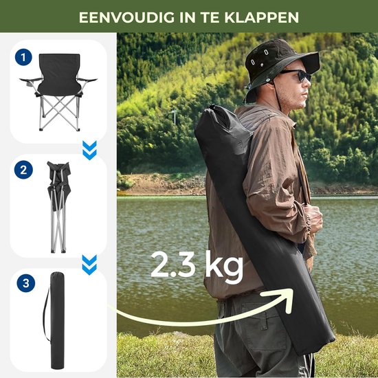 ACAZA Campingstoel - Campingstoelen Set van 2 - Strandstoel - Draagvermogen 120 kg - Klapstoel - Kampeerstoel - Vouwstoel - Camping - Strandstoel Opvouwbaar - Kamperen - Visstoel - Klapstoelen - Festival Stoel - Zwart