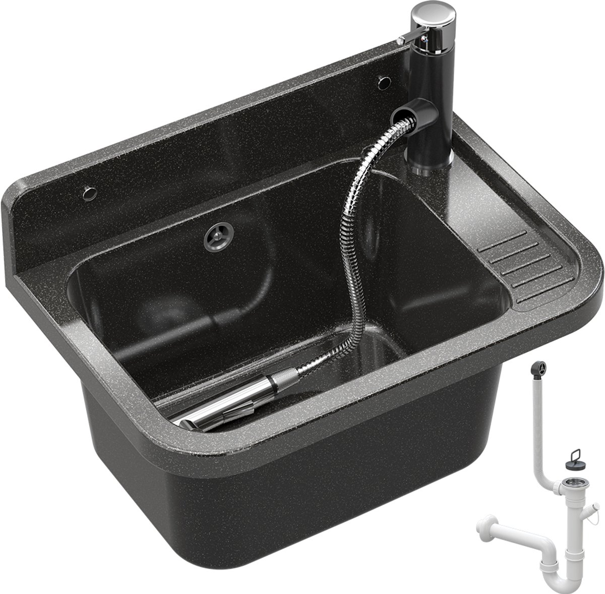 Granitan Wasbak Paron voor Wasruimte Garage Stookruimte - 50x34cm - Gootsteen met Kraan en Sifon - Zwart