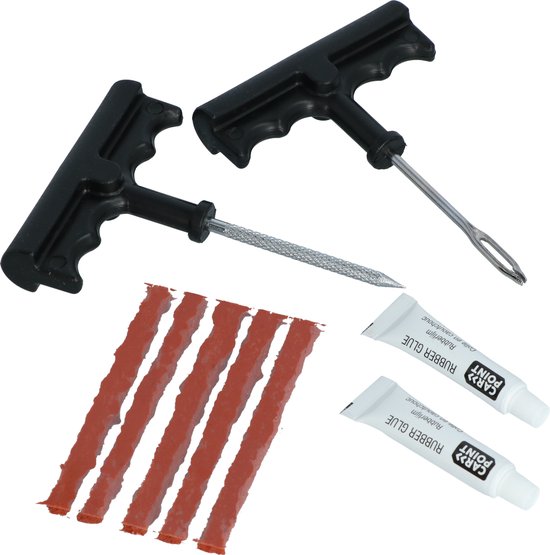 Kit de réparation de pneus Carpoint 9 pièces – Pour Liserés tubeless – Colle caoutchouc incluse – Compact et idéal pour la Bébé en route