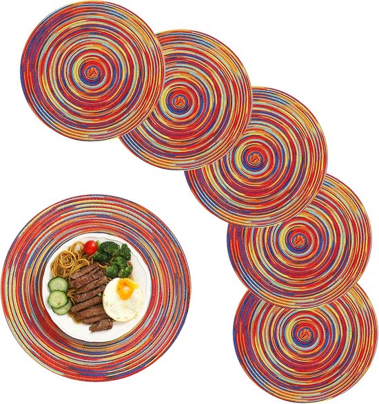 6 pièces - Sets de table - Sets de table - Sets de table ronds - Sets de table lavables en coton - Sets de table ronds tressés - Sets de table ronds - Sets de table tissés - Sets de table ronds - arc-en-ciel - 38*38 cm