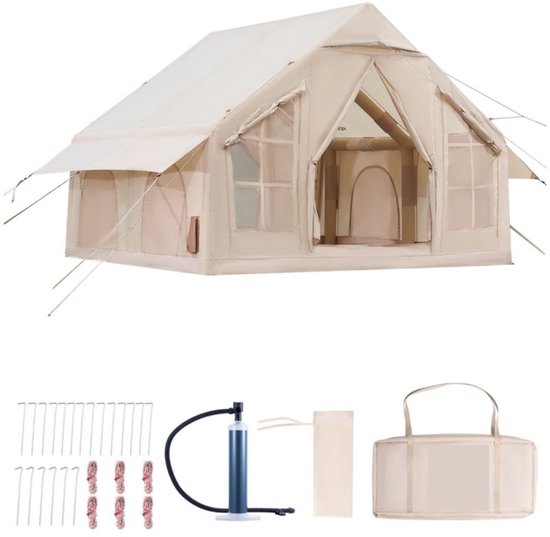 Foto: Serolux tent luxe tent familietent opblaasbare kampeertent 4 persoons familietent glamping tent met luchtpomp luxe outdoor tent waterdicht snel opblaasbaar incl draagtas accessoires beige 3 x 3 x 2 3 m sterk duurzaam